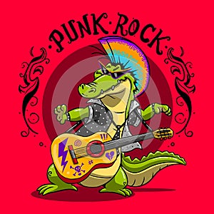Punk rock alligator playing guitar tee graphic fun wall art pyjamas home textile postcard print sticker design