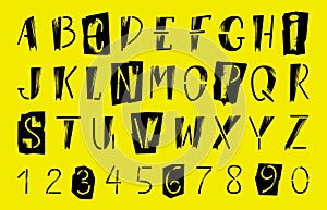 Punk rock alphabet. Typography decorative set grunge style. Letters and numbers for banners, flyers and posters design