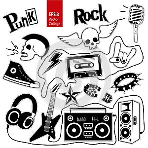 Punk rock music vector set on white background. Design elements, emblems, badges, logo and icons, collage.