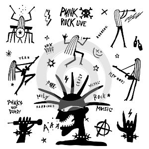 punk rock musical band vector doodle set