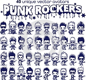 Punk Rocker Avatars - 40 Unique Flat Isolated Single-colored Vector Mascot Icons