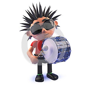 Punk rocker cartoon 3d character banging a big bass drum
