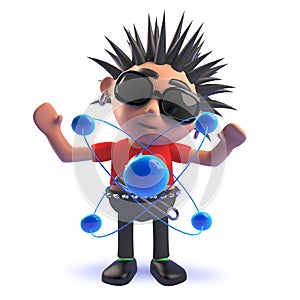 Punk rocker cartoon character in 3d mesmerised by an atom and its nucleus and electrons