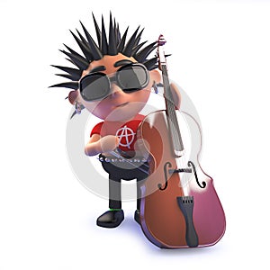 Punk rocker cartoon character in 3d playing a double bass guitar