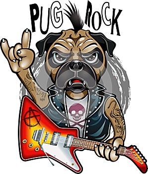 Punk rocker pug dog gestures Rock and Roll sign of the horns and holding electric guitar