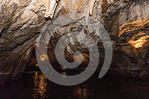 Punkva Cave in the Moravian Karst Area near Brno, Czech Republic. An incredible stalactite in the Moravian Karst