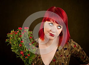 Punky Girl with Red Hair and Flowers