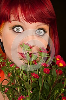Punky Girl with Red Hair and Flowers