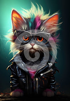 Punky style smart cat in glasses and a black leather jacket banner