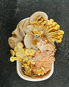 A punnet of culinary mushrooms from a farmer`s market