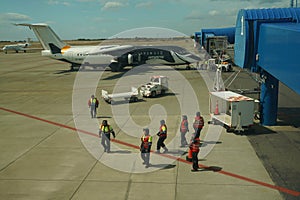 Antarctic Airways Avro RJ100 plane on tarmac after landing with gusting wind more than 75 miles per hour at Punta Arenas Airport