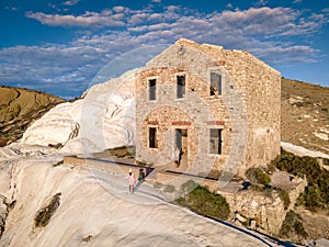 Punta Bianca, Agrigento in Sicily Italy White beach with old ruins of abandoned stone house on white cliffs