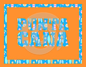Punta Cana lettering on orange backround. Vector tropical letters with colorful beach icons on light blue backround