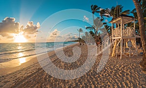 Punta Cana sunrise over Caribbean beach with lifeguard stati