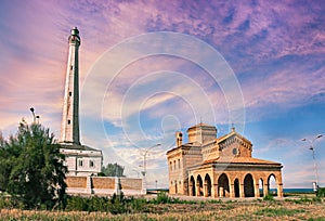 Punta Penna, Vasto, Abruzzo, Italy: lighthouse and church on the photo