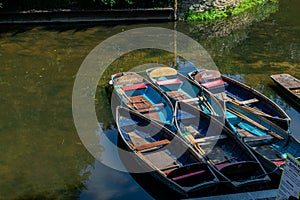 Punting boats by Magdalen Bridge Boathouse on river Cherwell in Oxford, many boats docked together in rows. Bright and colorfull