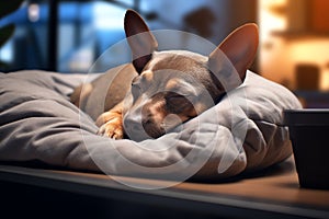 A pup resting on a cozy pet bed in a designated office dog area work office background