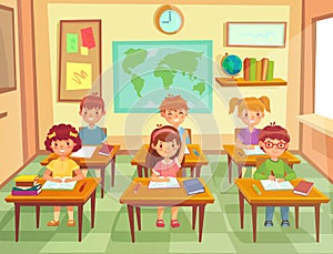 Pupil kids at classroom. Primary school children pupils, smiling boys and girls study in schools class cartoon vector