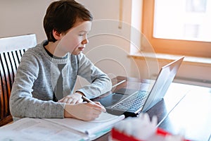 Pupil learning from home during crisis in video chat with teacher