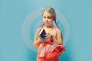 Pupil with long braids,  on blue background