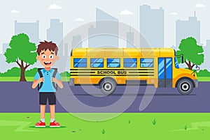 pupil is waiting for a yellow bus to travel to school.