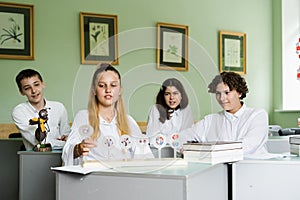 Pupils at biology lesson at school with animal cell models on the table. Biology teacher gives a lesson to