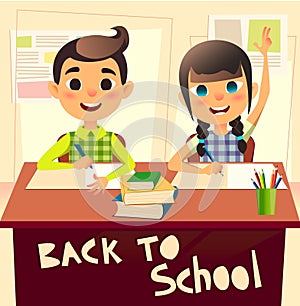 Pupils during classroom at the elementary school. Schoolgirl raising her hand. Schoolboy writes in notebook. Children at the desk