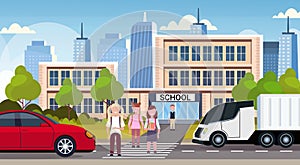 Pupils crossing road on crosswalk school building exterior back to school concept cityscape background flat full length