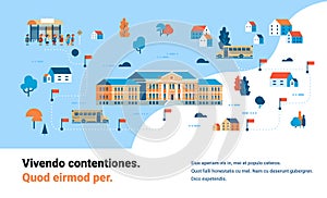 Pupils going to school map isometric building yard bus station success study concept horizontal copy space flat