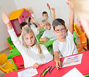 Pupils raising hands to answer