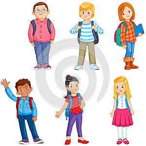 Pupils with school backpacks. Set of kids with school supplies. School kids with books. Education cartoon vector