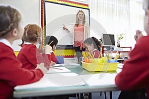 Pupils Sitting At Table As Teacher Stands By Whiteboard