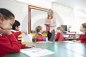 Pupils Sitting At Table As Teacher Stands By Whiteboard