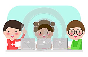 Pupils study in the classroom with laptop and tablet pc, Happy children sitting at laptops and learning school lesson, Kids using