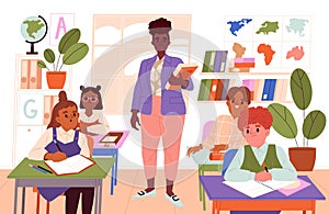 Pupils and teacher in classroom vector illustration