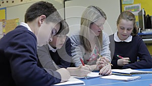 Pupils Working At Table With Teacher Helping Them