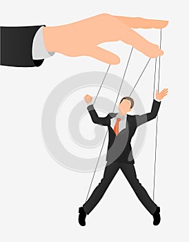 Puppet businessman in an empty place leaded by a huge hand. Command, Control, Human, Manipulate, Manipulation flat icon.