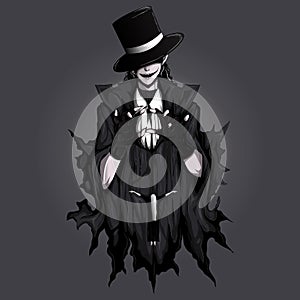 creepy puppeteer with elegant hat