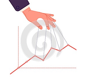 Puppet master controlling chart. Business speculate graph, control finance indicators and marketing. Hand manipulates