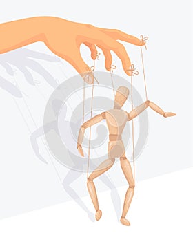 Puppet master hand. Marionette control strings on puppeteer hands, puppeteers manipulate wooden man puppet toy at thread