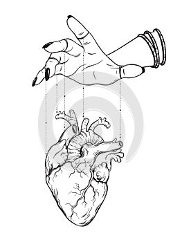 Puppet masters hand controls human heart isolated. Sticker, print or blackwork tattoo hand drawn vector illustration