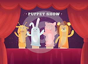 Puppet show. Red curtains theatre performance for kids stage with socks toys for hands cartoon background