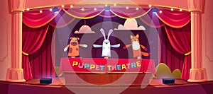 Puppet show on theater stage with animal dolls