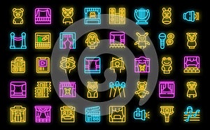 Puppet theater icons set vector neon