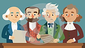 Puppet versions of the founding fathers signing the Declaration of Independence.. Vector illustration.