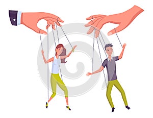 Puppeteer hands controlling puppets, manipulator concept. Worker being controlled by puppet master. Manipulates peopl