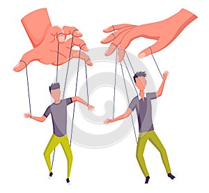 Puppeteer hands controlling puppets, manipulator concept. Worker being controlled by puppet master. Manipulates peopl