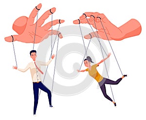 Puppeteer hands controlling puppets, manipulator concept. Worker being controlled by puppet master. Manipulates peopl