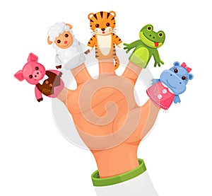 Puppets are on fingers of puppeteer. Doll animals piglet  sheep  tiger  frog  hippo for children theatre