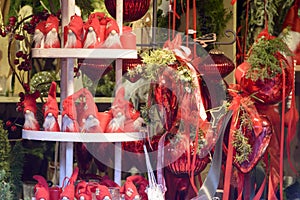 Puppets and red frills in stall at Xmas market, Stuttgart